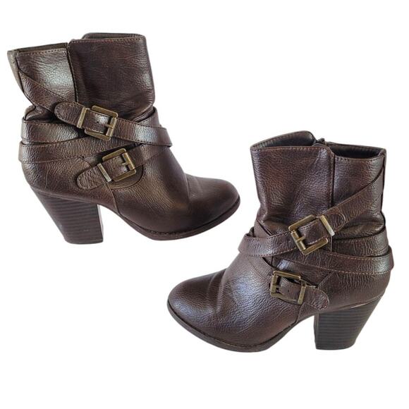 JUSTFAB Willena WMS 5.5 Boots Brown Mid Calf Block Heels Booties Buckle Zip - Picture 1 of 12